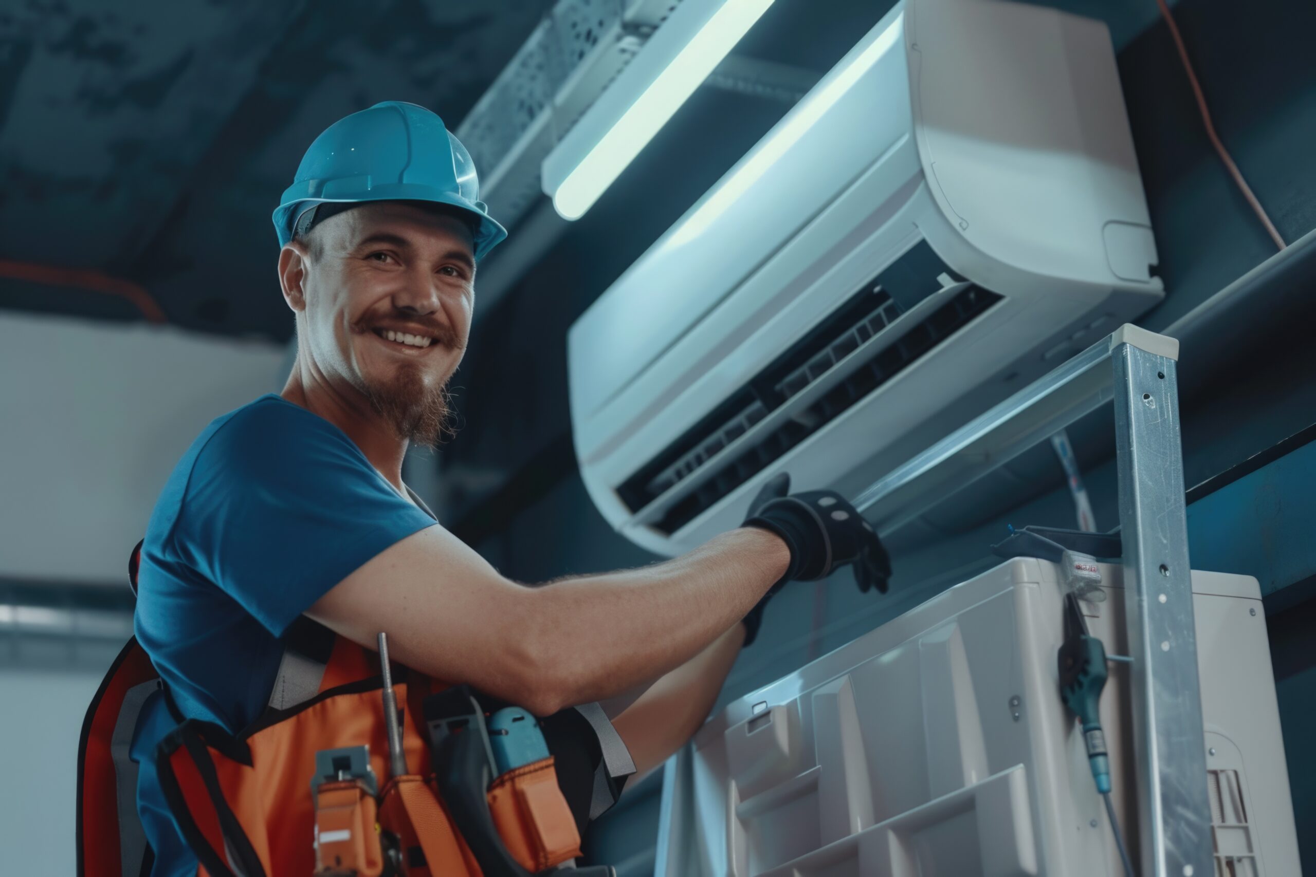 A person in a hard hat is repairing an air conditioning unit.